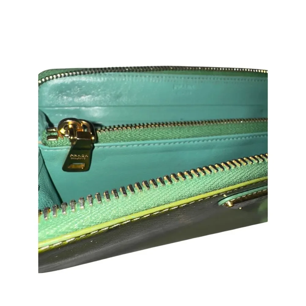 PRADA Saffiano Patent Leather Zip-Around Wallet in Apple / Mint Green